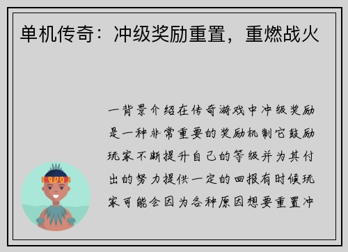 单机传奇：冲级奖励重置，重燃战火